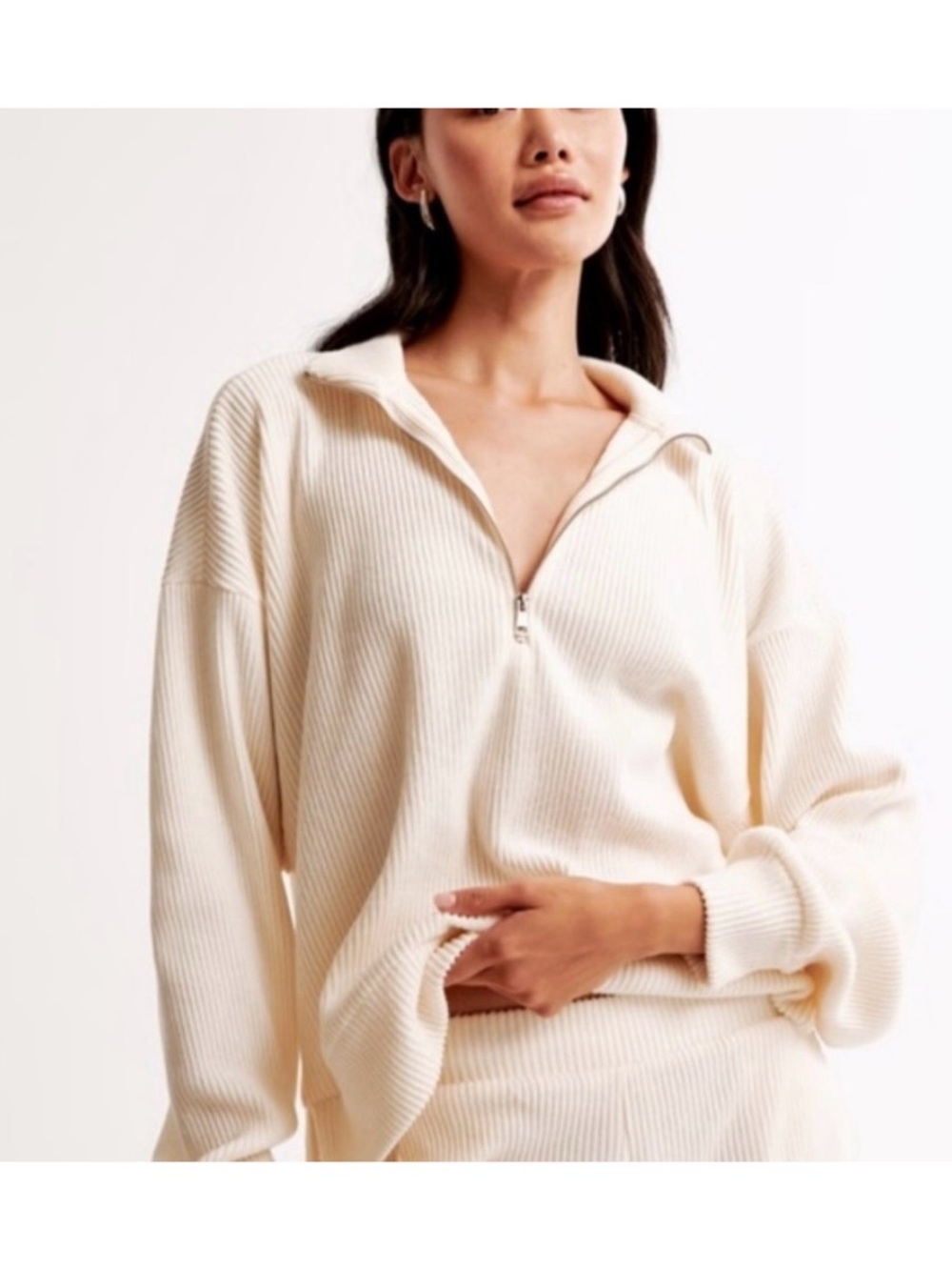 Cream Half-Zip Ribbed Sweater Top
